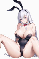 Rule 34 | 1girl, animal ears, bare shoulders, black hairband, black leotard, bow, bowtie, breasts, cameltoe, cleavage, cleft of venus, closed mouth, covered navel, detached collar, fake animal ears, hairband, highres, knees up, large breasts, leotard, long hair, looking at viewer, mahou kyuuri, original, partially visible vulva, pink eyes, playboy bunny, rabbit ears, red bow, red bowtie, sitting, solo, spread legs, very long hair, white hair