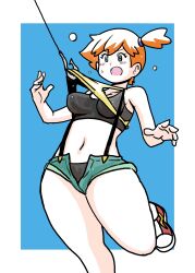 Rule 34 | 1girl, absurdres, back, bare arms, bare shoulders, blush, breasts, creatures (company), denim, denim shorts, female focus, game freak, gym leader, hair tie, highres, koutarosu, large breasts, legs, misty (pokemon), nintendo, open mouth, orange hair, pokemon, pokemon (anime), pokemon (classic anime), ponytail, shirt, short, shorts, side ponytail, simple background, sleeveless, solo, suspenders, sweat, sweatdrop, tank top, thick thighs, thighs, white background, wide hips, yellow shirt