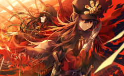 Rule 34 | 1boy, 1girl, belt, black hair, brother and sister, cape, chain, crest, family crest, fate/grand order, fate (series), flower, gloves, gun, hat, katana, koha-ace, long hair, military, military hat, military uniform, oda nobukatsu (fate), oda nobunaga (fate), oda nobunaga (koha-ace), putting on gloves, red eyes, rifle, siblings, smile, sword, uniform, weapon, white gloves, yunohito