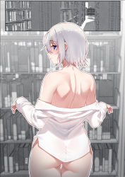 Rule 34 | 1girl, artist name, ass, back, bare shoulders, blue eyes, blush, book, bookshelf, closed mouth, commentary request, cowboy shot, from behind, hair between eyes, hands up, highres, indoors, jjune, library, light smile, long sleeves, looking at viewer, looking back, mole, mole under eye, naked shirt, off shoulder, original, outline, partially colored, profile, shirt, short hair, shoulder blades, sideways glance, silver hair, sleeves past wrists, solo, standing, thigh gap, white outline, white shirt