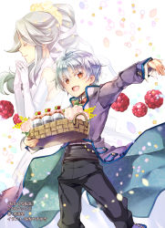 Rule 34 | 1boy, 1girl, :d, basket, black pants, bow, bowtie, bridal gauntlets, brown eyes, closed eyes, coat, copyright notice, cover, cover page, cupcake, dress, flower, food, fruit, gloves, grey hair, hair flower, hair ornament, hair ribbon, hand up, highres, holding, holding basket, jewelry, long hair, looking at viewer, novel cover, official art, okashi na tensei, open mouth, own hands together, pants, pastry mille morteln, petals, profile, purple coat, raspberry, red bow, red bowtie, ribbon, ring, shuri yasuyuki, sidelocks, smile, standing, white dress, white gloves