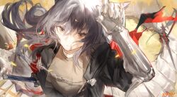 Rule 34 | 1girl, animal ears, arknights, arm up, artist name, black hair, black jacket, brown shirt, cape, closed mouth, commentary, expressionless, highres, holding, holding sword, holding weapon, jacket, long hair, looking at viewer, official alternate costume, open clothes, open jacket, orange eyes, red cape, shirt, solo, sword, symbol-only commentary, texas (arknights), texas the omertosa (arknights), texas the omertosa (wingbreaker) (arknights), upper body, weapon, wolf ears, wolf girl, yipingtaopuzi