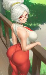 Rule 34 | 1girl, ass, bare shoulders, blush, breasts, glasses, hair ornament, hair stick, highres, huge ass, large breasts, looking at viewer, nintendo, pants, purah, red-framed eyewear, red eyes, round eyewear, short hair, sleeveless, sleeveless turtleneck, smile, solo, superbusty, the legend of zelda, the legend of zelda: breath of the wild, thick thighs, thighs, turtleneck, white hair