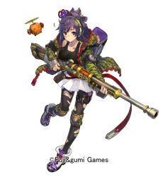 Rule 34 | 1girl, azu-taro, bad id, bad pixiv id, black eyes, black hair, black pantyhose, breasts, camouflage, cleavage, collarbone, flower, full body, gun, hairband, headset, holding, holding gun, holding weapon, knee pads, large breasts, looking at viewer, official art, pantyhose, phantom of the kill, purple flower, short hair, simple background, skirt, solo, torn clothes, torn pantyhose, transparent background, weapon, white background, white skirt