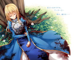 Rule 34 | 1girl, artoria pendragon (fate), blonde hair, blood, death, dress, closed eyes, fate/stay night, fate (series), hair down, hitsuki rei, juliet sleeves, long hair, long sleeves, puffy sleeves, saber (fate), smile, solo, translated, tree