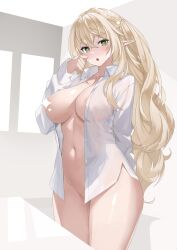 Rule 34 | 1girl, :o, blonde hair, braid, breasts, censored, cleavage, collared shirt, cowboy shot, dress shirt, elf, green eyes, hand up, highres, large breasts, long hair, long sleeves, looking at viewer, nakamura nagare, naked shirt, navel, one side up, open clothes, open mouth, open shirt, original, pointy ears, shirt, solo, sparkle, sparkling eyes, standing, stomach, thighs, very long hair, white shirt