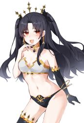 Rule 34 | 1girl, absurdres, bad id, bad pixiv id, bare shoulders, black gloves, black hair, black thighhighs, bracelet, breasts, choker, cleavage, collarbone, commentary request, earrings, elbow gloves, eyes visible through hair, fang, fate/grand order, fate (series), gloves, groin, hair ribbon, highres, ishtar (fate), jewelry, leaning forward, long hair, looking at viewer, navel, nyannya (nyan nya 93), red eyes, ribbon, sidelocks, simple background, single glove, single thighhigh, solo, stomach, strapless, sweat, thighhighs, tiara, tube top, two side up, white background, zettai ryouiki