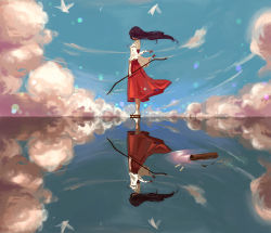 Rule 34 | 1girl, bird, black hair, bow (weapon), cloud, cloudy sky, day, feathers, highres, honoo (pixiv7486582), horizon, inuyasha, japanese clothes, kikyou (inuyasha), long hair, looking afar, looking away, looking back, miko, quiver, reflection, sky, solo, standing, standing on liquid, turning head, water, weapon