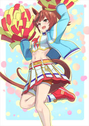 Rule 34 | 1girl, animal ears, arms up, blue jacket, border, bow, cheerleader, commentary, cropped shirt, ear ornament, foot out of frame, harakomeshi, highres, holding, holding pom poms, horse ears, horse girl, horse tail, jacket, light blue background, looking at viewer, medium hair, midriff, navel, nice nature (run&amp;win) (umamusume), nice nature (umamusume), official alternate costume, official alternate hairstyle, open mouth, orange shorts, pleated skirt, pom pom (cheerleading), pom poms, red bow, red footwear, red hair, shirt, shoes, shorts, simple background, skirt, smile, sneakers, socks, solo, tail, umamusume, white border, white shirt, white skirt, white socks, yellow bow