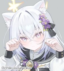 1girl animal_ear_fluff animal_ears azusa_(blue_archive) blue_archive blush cat_ears commentary_request crossed_bangs flower grey_background hair_between_eyes hair_flower hair_ornament halo hands_up kemonomimi_mode long_hair long_sleeves narusegawa_riko paw_pose portrait purple_eyes sailor_collar shirt sidelocks simple_background solo twitter_username white_hair white_shirt