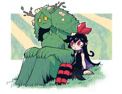 Rule 34 | 2girls, absurdres, black choker, black dress, choker, closed mouth, colored inner hair, colored skin, dress, flower, green hair, green skin, hair flower, hair ornament, hairband, highres, long hair, monster girl, multicolored hair, multiple girls, o3o, original, pantyhose, plant hair, pointy ears, rariatto (ganguri), red eyes, red hairband, red pantyhose, sitting, striped clothes, striped pantyhose, swampy marsy (rariatoo), yellow eyes, zakuro (rariatto)