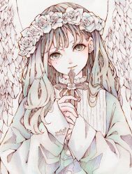 Rule 34 | 1girl, blush, cross, dated, earrings, feathered wings, flower, grey eyes, hair flower, hair ornament, highres, holding, holding cross, jewelry, long hair, looking at viewer, original, signature, sleeves past wrists, smile, solo, toaruocha, white flower, white wings, wings
