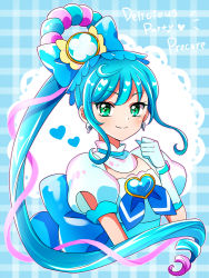 Rule 34 | 1girl, blue background, blue dress, brooch, copyright name, cure spicy, delicious party precure, dress, earrings, elbow gloves, fuwa kokone, gloves, green eyes, hair between eyes, hair bun, heart, heart bow, heart brooch, jewelry, kagami chihiro, long hair, magical girl, plaid, plaid background, precure, puffy short sleeves, puffy sleeves, short sleeves, single hair bun, solo, two-tone background, upper body, white dress, white gloves