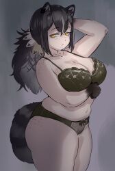 Rule 34 | 1girl, alternate body size, animal ear fluff, animal ears, animal hands, arknights, ass, ass freckles, belly, black hair, body freckles, bow, bow panties, bra, breasts, cleavage, female pubic hair, freckles, green bra, green panties, highres, huge ass, large breasts, lingerie, muffin top, navel, panties, plump, ponytail, poy, pubic hair, raccoon ears, raccoon girl, raccoon tail, robin (arknights), see-through, solo, tail, thick arms, thick thighs, thighs, underwear, underwear only, wide hips, yellow eyes