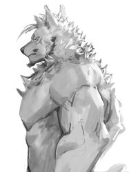 Rule 34 | 1boy, another eidos-r, bara, dog boy, expressionless, facial hair, from side, furry, furry male, goatee, greyscale, hair strand, highres, large pectorals, looking ahead, male focus, mature male, monochrome, muscular, muscular male, mustache, neumo, nude, pectorals, short hair, solo, strongman waist, thick eyebrows, upper body, zacharoff (another eidos)