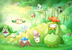 Rule 34 | :d, absurdres, aqua eyes, berry, blush, bright pupils, bush, celebi, closed eyes, closed mouth, commentary request, cottonee, creatures (company), day, emolga, facing viewer, game freak, gen 2 pokemon, gen 3 pokemon, gen 4 pokemon, gen 5 pokemon, gen 7 pokemon, grass, hands up, highres, hoppip, in tree, legendary pokemon, lilligant, mew (pokemon), morelull, moxa ryu, music, musical note, mythical pokemon, nintendo, no humans, one eye closed, open mouth, outdoors, pachirisu, peeking out, petilil, pokemon, pokemon (creature), seedot, signature, singing, smile, staff (music), standing, steenee, tree, tree stump, yellow eyes