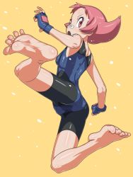 Rule 34 | 1girl, bandaid, bandaid on arm, bandaid on face, bandaid on nose, barefoot, blue gloves, bodysuit, breasts, commentary request, creatures (company), eyelashes, feet, fingerless gloves, full body, game freak, gloves, gym leader, highres, maylene (pokemon), nintendo, open mouth, pink eyes, pink hair, pokemon, pokemon dppt, shiny skin, small breasts, soles, solo, spread toes, toes, tsuichi, yellow background