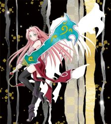 Rule 34 | 1girl, asymmetrical gloves, black footwear, black thighhighs, blush, china dress, chinese clothes, detached sleeves, dress, elbow gloves, floating hair, from side, full body, gloves, green eyes, grey gloves, hand on own hip, haruno sakura, headband, holding, holding sword, holding weapon, leg up, long hair, nanji3, naruto, naruto (series), pink hair, red dress, sleeveless, sleeveless dress, smile, solo, standing, standing on one leg, sword, thighhighs, uneven gloves, very long hair, weapon
