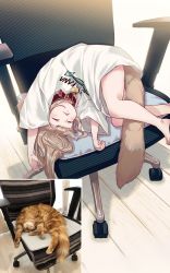 Rule 34 | 1girl, 40hara, animal collar, animal ears, barefoot, blonde hair, blush, cat ears, cat tail, chair, closed eyes, collar, commentary, commentary request, derivative work, highres, kinako (40hara), long hair, original, photo-referenced, photo inset, print shirt, red collar, reference inset, shirt, sleeping, solo, t-shirt, tail, wooden floor