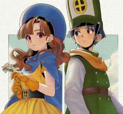 Rule 34 | 1boy, 1girl, alena (dq4), belt, blue cape, blue eyes, blue hair, blue hat, border, buttons, cape, clift, closed mouth, dragon quest, dragon quest iv, earrings, eyelashes, flower, gloves, green hat, hat, highres, holding, holding flower, jewelry, long hair, mitre, okita (sukult 4), orange gloves, orange hair, outside border, red eyes, short hair, two-tone hat, wavy hair, white border, white flower, white hat