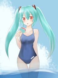 Rule 34 | 1girl, bad id, bad pixiv id, food, green hair, hatsune miku, highres, kazenoko, long hair, one-piece swimsuit, popsicle, red eyes, solo, swimsuit, twintails, vocaloid, wading