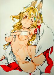 Rule 34 | 1girl, animal ear fluff, animal ears, bikini, blonde hair, blush, breasts, closed mouth, collarbone, commentary request, detached sleeves, eyepatch bikini, fox ears, fox girl, fox shadow puppet, groin, hair between eyes, hand up, highres, long hair, long sleeves, looking at viewer, maebari, medium breasts, navel, ofuda, ofuda on pussy, one eye closed, orange eyes, original, sabusupi, simple background, smile, solo, swimsuit, thighhighs, traditional media, white background, wide sleeves