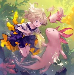 Rule 34 | 1girl, :d, air bubble, animal, axolotl, bare legs, barefoot, blonde hair, bubble, commentary request, coral, floating hair, highres, lee hyeseung, open mouth, original, oversized animal, purple eyes, purple skirt, seaweed, shirt, short sleeves, skirt, smile, solo, swimming, underwater, white shirt