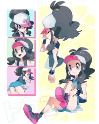 Rule 34 | 1girl, ass, bad id, bad twitter id, baseball cap, blue eyes, brown hair, closed eyes, creatures (company), denim, denim shorts, from behind, from side, full body, game freak, hat, highres, hilda (pokemon), koutetsu (fe steel stone), looking back, multiple views, nintendo, open mouth, pokemon, pokemon bw, ponytail, shoes, shorts, sitting, sleeveless, smile, solo focus, tank top, tying shoes, vest, wristband