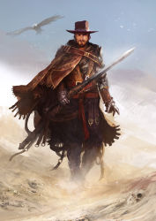 Rule 34 | 1boy, armor, beard, bird, cigar, clint eastwood, cloak, cowboy hat, cowboy western, dollars trilogy, eagle, facial hair, fringe trim, full body, gauntlets, hat, highres, male focus, man with no name, manly, pteruges, real life, skeleton, solo, sword, thedurianart, weapon