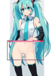 Rule 34 | 1girl, ?, bare shoulders, black thighhighs, blue eyes, blue hair, blush, breasts, censored, dress, hair between eyes, hair ornament, hatsune miku, kotomuke fuurin, long hair, navel, necktie, novelty censor, smile, solo, thighhighs, twintails, very long hair, vest, vocaloid