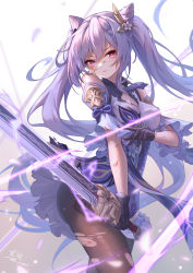 Rule 34 | 1girl, absurdres, ass, bare shoulders, black pantyhose, braid, breasts, choker, cone hair bun, detached sleeves, double bun, dress, flower, genshin impact, gloves, hair bun, hair ornament, hairpin, highres, keqing (genshin impact), light rays, long hair, looking at viewer, medium breasts, neck tassel, pantyhose, purple dress, purple eyes, purple hair, scratches, scratching cheek, signature, skirt, solo, standing, thighs, torn clothes, torn pantyhose, twintails, v-shaped eyebrows, white flower, yelan xing xuan