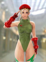 Rule 34 | 1girl, 3d, bare shoulders, beret, blonde hair, braid, breasts, cammy white, capcom, covered erect nipples, hat, incise soul, leotard, m-rs, medium breasts, salute, solo, street fighter, twin braids