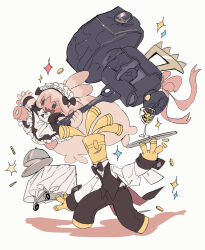 Rule 34 | 1boy, 1girl, apron, arm up, barefoot, big hair, black bow, black bowtie, black dress, black eyes, black pants, black vest, blonde hair, blush, blush stickers, bow, bowtie, butler, buttons, cloth, clothed pokemon, coin, colored skin, creatures (company), cup, dress, drinking glass, flat chest, flat color, frilled dress, frills, from side, full body, game freak, gholdengo, hammer, hand up, happy, highres, holding, holding drinking glass, holding hammer, holding tray, holding weapon, homilmugi, huge weapon, jumping, long dress, long hair, long sleeves, maid, maid apron, maid headdress, multicolored hair, multicolored skin, nintendo, open mouth, outstretched arm, pants, pink hair, pink ribbon, pink skin, pokemon, pokemon (creature), puffy short sleeves, puffy sleeves, ribbon, running, serving cart, serving dome, shirt, short sleeves, sidelocks, sideways mouth, simple background, smile, sparkle, standing, tinkaton, traditional bowtie, tray, two-tone hair, two-tone skin, very long hair, vest, weapon, white apron, white background, white bow, white bowtie, white shirt, wine glass, wristband, yellow eyes, yellow skin