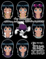 Rule 34 | 1girl, ^ ^, black hair, blue eyes, blunt bangs, camisole, chibi, closed eyes, coat, commentary request, crying, deogbab, dress, eyewear on head, hat, korean commentary, looking at viewer, medium hair, nico robin, one piece, open clothes, open shirt, purple dress, purple headwear, purple shirt, shirt, smile, tank top, white coat, yellow tank top