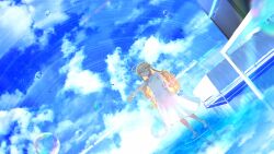 Rule 34 | 1girl, absurdres, ahoge, bed, blonde hair, blue eyes, blue sky, character request, cloud, collagen, dress, expressionless, flat chest, full body, highres, key visual, long hair, official art, outstretched arm, promotional art, ripples, sky, solo, table, teikan no eve bethel, water, water drop, wavy hair, white dress