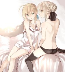 Rule 34 | 2girls, ahoge, arm support, artoria pendragon (all), artoria pendragon (fate), back, bad id, bad pixiv id, bare back, bare shoulders, bed, black legwear, black panties, blonde hair, braid, buun ko, camisole, collarbone, covering privates, covering breasts, dual persona, fate/hollow ataraxia, fate/stay night, fate (series), from behind, green eyes, hair bun, hair ribbon, lace, lace-trimmed legwear, lace-trimmed panties, lace trim, looking at viewer, multiple girls, no bra, on bed, panties, ribbon, saber (fate), saber alter, shorts, single hair bun, sitting, thighhighs, topless, underwear, underwear only, yellow eyes