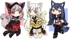 Rule 34 | 3girls, :3, :|, animal ear fluff, animal ears, arknights, belt, belt buckle, black belt, black footwear, black gloves, black headwear, black jacket, blonde hair, blue background, blue eyes, blue hair, boots, brown eyes, buckle, cardigan, cat ears, cat tail, chibi, closed mouth, collar, commentary, detached sleeves, english commentary, expressionless, fang, fingerless gloves, food, food in mouth, frostleaf (arknights), full body, gloves, hair between eyes, hair ornament, hairclip, headphones, heterochromia, id card, implied extra ears, jacket, long hair, looking at viewer, multiple girls, name tag, nightmare (arknights), nyawurin, open cardigan, open clothes, own hands together, pocky, red background, red belt, red eyes, red legwear, sidelocks, simple background, spread fingers, tail, texas (arknights), white background, white jacket, wolf ears, wolf tail, yellow background, yellow eyes
