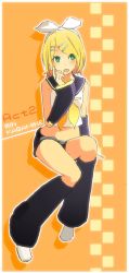 Rule 34 | 1girl, arm warmers, bare shoulders, black collar, black shorts, blonde hair, bow, character name, collar, crop top, d futagosaikyou, finger to cheek, full body, hair bow, hair ornament, hairclip, headphones, highres, kagamine rin, leg warmers, looking to the side, micro shorts, midriff, navel, neckerchief, open mouth, orange background, sailor collar, school uniform, shadow, shirt, short hair, shorts, sitting, smile, solo, swept bangs, vocaloid, white bow, white shirt, yellow neckerchief