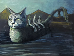 Rule 34 | animal, blue sky, cat, collar, fish, green eyes, highres, holding, holding with tail, lake, no humans, original, outdoors, partially submerged, prehensile tail, pyramid (structure), riding, sardine, sitting, sky, surreal, tail, tatsubsge, wading, water, what, whiskers
