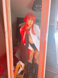 Rule 34 | 1girl, absurdres, ana chuu, breasts, cellphone, chainsaw man, collared shirt, cosplay, curvy, dress shirt, highres, large breasts, long hair, makima (chainsaw man), mirror, open clothes, open shirt, phone, photo (medium), real life, red hair, reflection, selfie, shirt, solo, teasing, thick thighs, thighs, wide hips, wig