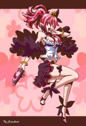 Rule 34 | 1girl, bracelet, breasts, cleavage, crown, disgaea, feather boa, full body, high heels, highres, jewelry, large breasts, lots of jewelry, makai senki disgaea 5, miniskirt, necktie, pink hair, pointy ears, ponytail, purple eyes, seraphina (disgaea), seraphine, shoes, short hair, skirt, smile, solo