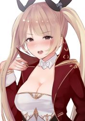 Rule 34 | 1girl, azur lane, black ribbon, blonde hair, blush, breasts, brown eyes, cleavage, collarbone, detached collar, dress, epaulettes, hair ribbon, jacket, large breasts, long hair, long sleeves, looking at viewer, mappaninatta, nelson (azur lane), open mouth, ribbon, simple background, solo, tearing up, twintails, upper body, very long hair, white background