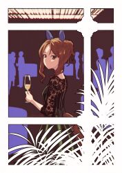 Rule 34 | 1girl, animal ears, blurry, breasts, brown eyes, brown hair, champagne flute, clothing cutout, cup, depth of field, dress, drinking glass, ear covers, goripan, hair bun, highres, holding, holding cup, horse ears, horse girl, horse tail, indoors, king halo (umamusume), long sleeves, looking at viewer, looking to the side, people, short hair, small breasts, solo, standing, tail, tail through clothes, twitter username, umamusume, window