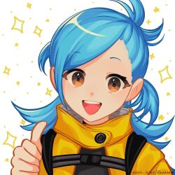 Rule 34 | 1girl, ai the somnium files, blue hair, buttons, commentary, high collar, highres, koifish kk, long hair, looking at viewer, okiura mizuki, open mouth, orange eyes, solo, star (symbol), symbol-only commentary, teeth, thumbs up, twitter username, upper body, upper teeth only, white background