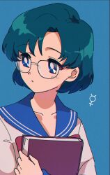 Rule 34 | 1girl, absurdres, bishoujo senshi sailor moon, blue background, blue eyes, blue hair, blue sailor collar, book, bow, bowtie, collarbone, glasses, highres, holding, holding book, long sleeves, looking away, mizuno ami, nzeneee, parted bangs, red bow, sailor collar, school uniform, serafuku, shirt, short hair, simple background, solo, upper body, white shirt