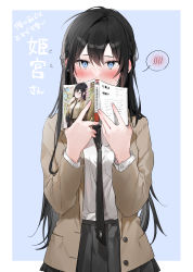 Rule 34 | 1girl, absurdres, black hair, black necktie, black skirt, blue eyes, blush, book, brown coat, closed mouth, clothes grab, coat, collared shirt, commentary request, covered mouth, cowboy shot, highres, holding, holding book, long hair, long sleeves, looking at viewer, necktie, original, pleated skirt, school uniform, shirt, skirt, solo, translation request, white shirt, xretakex