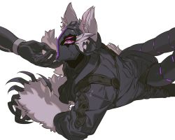 Rule 34 | 1boy, alternate form, animal ears, ascot, black ascot, black coat, black gloves, black tail, body fur, bondrewd, claws, coat, extra eyes, gloves, grey fur, helm, helmet, highres, long sleeves, looking at another, looking up, lying, made in abyss, male focus, mechanical tail, mgong520, on side, overcoat, pink eyes, simple background, solo focus, tail, white background