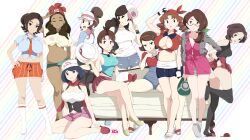Rule 34 | 6+girls, absurdres, adapted costume, ahoge, alola mother, arm up, artist logo, ass, bandana, black panties, black tank top, black thighhighs, blue eyes, blue hair, blue leotard, blue shirt, blue shorts, bow, breasts, brown eyes, brown hair, caroline (pokemon), cleavage, closed eyes, clothes lift, collared shirt, cosplay, couch, creatures (company), crop top, crossed legs, dark-skinned female, dark skin, dawn (pokemon), dawn (pokemon) (cosplay), delia ketchum, drill hair, earrings, eyelashes, from behind, galar mother, game freak, glasses, gloria (pokemon), gloria (pokemon) (cosplay), grace (pokemon), green ribbon, grey socks, hair ornament, hair ribbon, hairband, hand on own hip, head tilt, highres, hilda (pokemon), hilda (pokemon) (cosplay), holding, impossible clothes, jewelry, johanna (pokemon), johto mother, kneehighs, large breasts, leaf (pokemon), leaf (pokemon) (cosplay), legs, leotard, licking lips, long hair, long sleeves, looking at viewer, looking back, looking to the side, lyra (pokemon), lyra (pokemon) (cosplay), mature female, may (pokemon), may (pokemon) (cosplay), medium breasts, medium hair, midriff, miniskirt, mole, mole under eye, mother (pokemon), multiple girls, nail polish, naranja academy school uniform, navel, nintendo, no shoes, on ground, orange shorts, paldea mother, panties, pants, parted bangs, parted lips, pink bow, pink skirt, pleated skirt, pokemon, pokemon (anime), pokemon bw, pokemon bw2, pokemon dppt, pokemon frlg, pokemon hgss, pokemon rse (anime), pokemon sm, pokemon sv, pokemon swsh, pokemon xy, ponytail, r3dfive, red footwear, red hairband, red headwear, red skirt, ribbon, rosa (pokemon), rosa (pokemon) (cosplay), sandals, school uniform, selene (pokemon), selene (pokemon) (cosplay), serena (pokemon), serena (pokemon) (cosplay), shadow, shirt, shoe dangle, short hair, short sleeves, shorts, side ponytail, sideboob, sidelocks, sitting, skirt, skirt lift, sleeveless, slippers, smile, socks, soles, spread legs, standing, striped background, striped clothes, striped shorts, swept bangs, tan shirt, tank top, thighhighs, thighs, tied shirt, tilted headwear, tiptoes, toenail polish, toenails, toes, tongue, tongue out, torn clothes, torn pants, torn shorts, twin drills, two-tone shirt, undersized clothes, underwear, unova mother (bw), unova mother (bw2), v, visor cap, white footwear, white shirt, white socks, yokozuwari