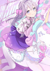 Rule 34 | 1girl, absurdres, akebisousaku, back bow, blush, bow, braid, carousel, collared dress, dress, earrings, grey hair, grin, hair bow, heart, heart earrings, highres, jewelry, long hair, long sleeves, looking at viewer, original, purple eyes, ring, sidesaddle, sitting, smile, solo, unicorn