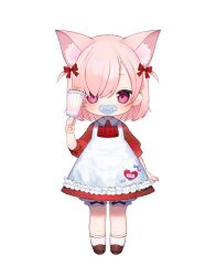 Rule 34 | 1girl, absurdres, animal ear fluff, animal ears, apron, bloomers, blush, bow, brown footwear, cat ears, cat girl, character name, child, collared dress, dress, frilled apron, frills, full body, hair bow, hand up, heart, highres, holding, holding rattle, loafers, looking at viewer, medium hair, mitsurugi lia, name tag, official art, pacifier, pink eyes, pink hair, puffy short sleeves, puffy sleeves, rattle, red bow, red dress, second-party source, shoes, short sleeves, simple background, socks, solo, takehana note, translated, two side up, underwear, virtual youtuber, wactor production, white apron, white background, white bloomers, white socks